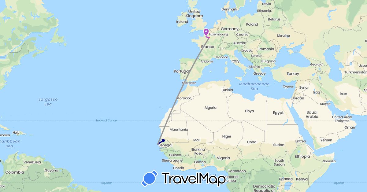 TravelMap itinerary: driving, plane, train, hiking in France, Senegal (Africa, Europe)